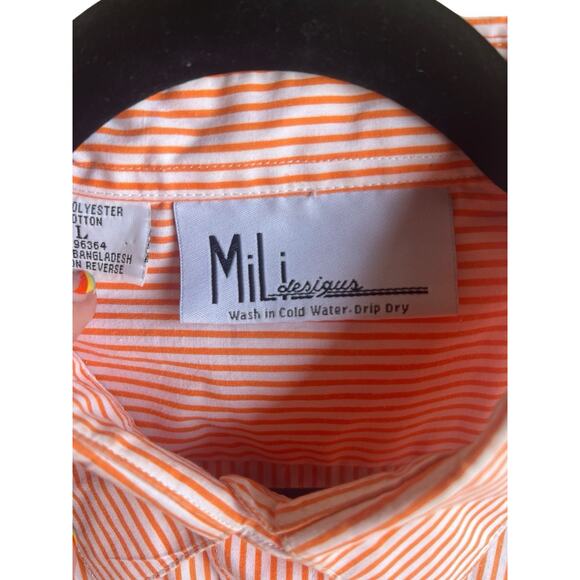 Mili Designs Women’s Button Up Shirt Orange Striped Parrots Appliqué Jewel LARGE - Picture 5 of 11